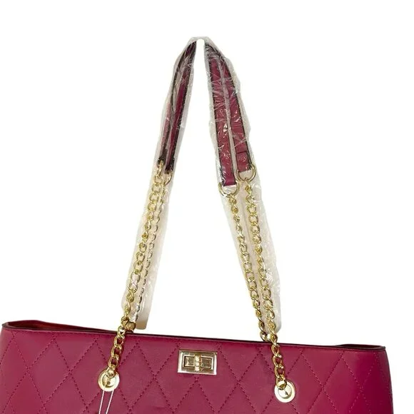 Malibu Skye Tote Large Fuchsia Gold Chain Double Handles Shoulder Bag New - Picture 3 of 7